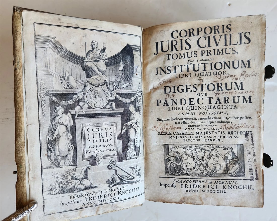 1713 CORPORIS JURIS CIVILIS antique BLIND-STAMPED PIGSKIN BINDING law book - 2