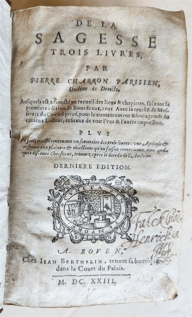 1623 French neo-skepticism by PIERRE CHARRON antique DECORATIVE BINDING - 2