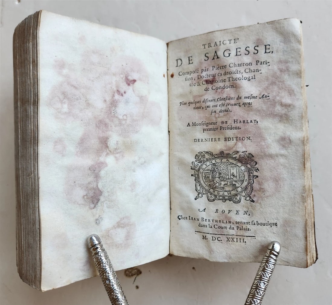 1623 French neo-skepticism by PIERRE CHARRON antique DECORATIVE BINDING - 9