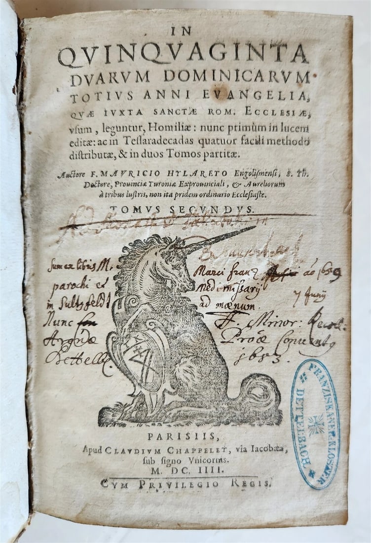 1604 SERMONS of Maurice Hylaret antique PIGSKIN BINDING UNICORN TITLEPIECE: Title: 1604 SERMONS of Maurice Hylaret antique PIGSKIN BINDING UNICORN TITLEPIECE Description: Hylaret,M. In quinquaginta duarum dominicarum totius anni Euangelia, quae iuxta Sanctae Rome. Ecclesiae,