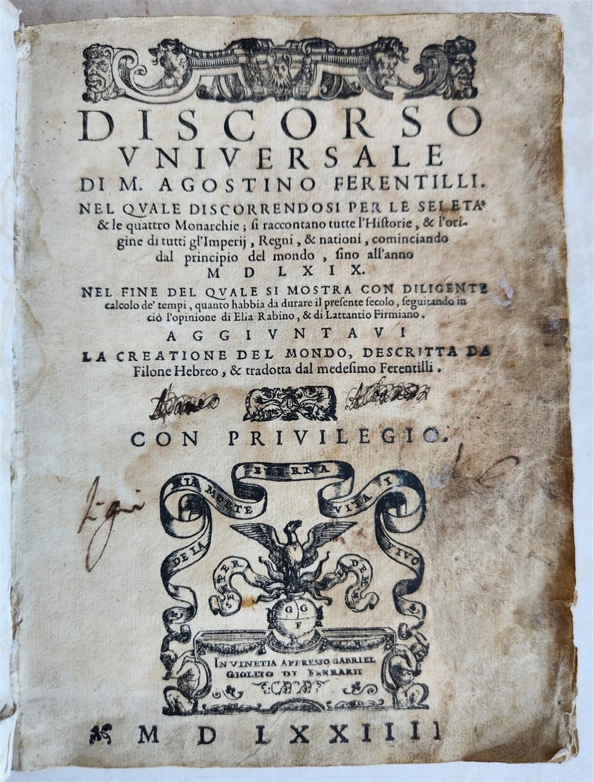 1574 ILLUSTRATED HISTORY of EMPIRES KINGDOMS & NATIONS antique VELLUM in Italian: Title: 1574 ILLUSTRATED HISTORY of EMPIRES KINGDOMS & NATIONS antique VELLUM in Italian Description: Discorso universale, nel quale discorrendosi per le sei eta, & le quattro monarchie; si raccontano
