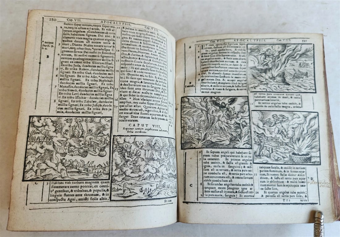 1602 BIBLE in LATIN ILLUSTRATED w/ MAP & NUMEROUS WOODCUTS antique - 7