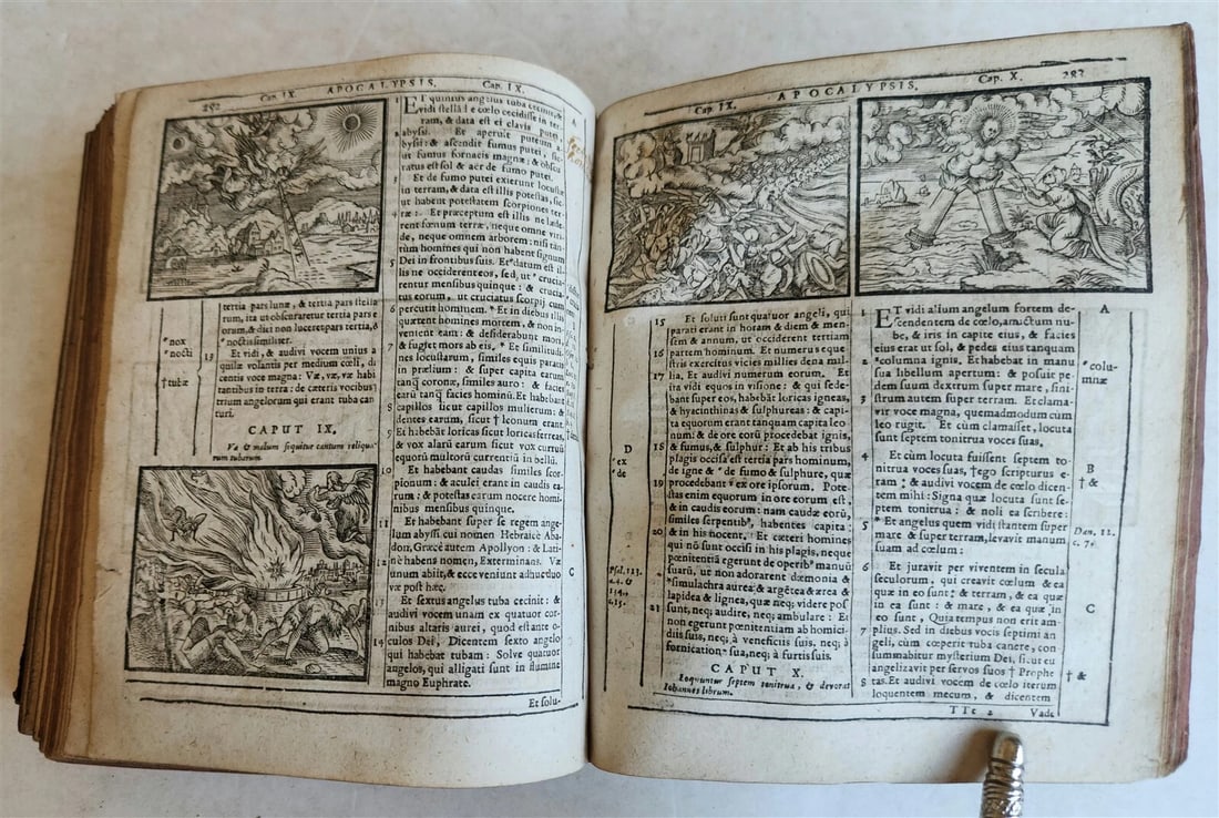 1602 BIBLE in LATIN ILLUSTRATED w/ MAP & NUMEROUS WOODCUTS antique - 8