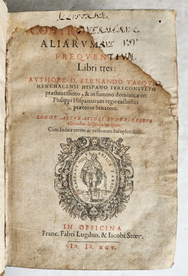 1595 LAW BOOK by Spanish jurist Vasquez de Menchaca antique PIGSKIN BINDING - 3