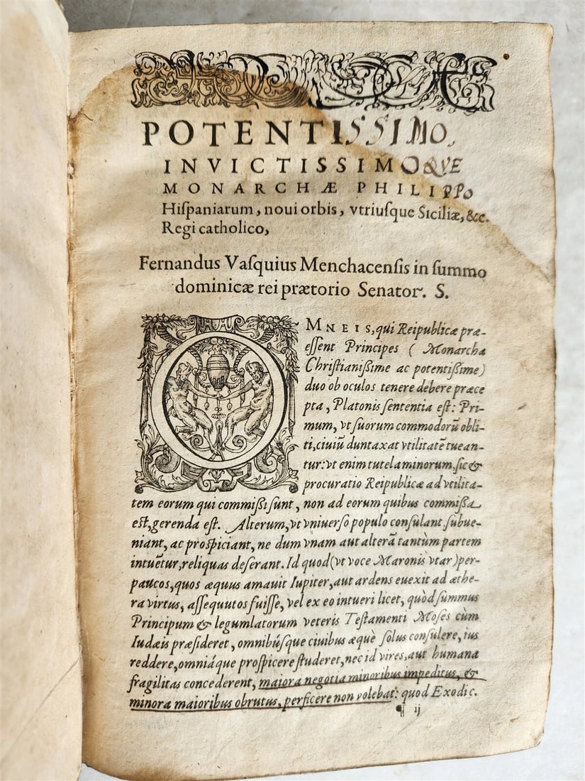 1595 LAW BOOK by Spanish jurist Vasquez de Menchaca antique PIGSKIN BINDING - 7