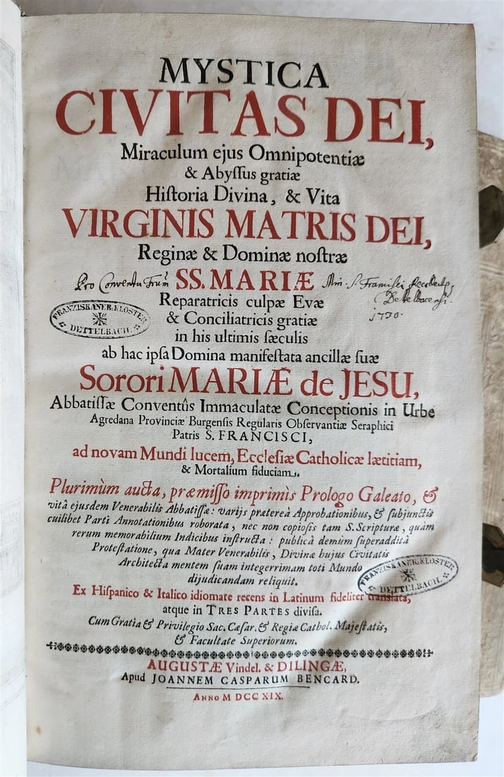 1719 MYSTICA CIVITAS DEI 3 PIGSKIN BOUND FOLIOS antique - 6