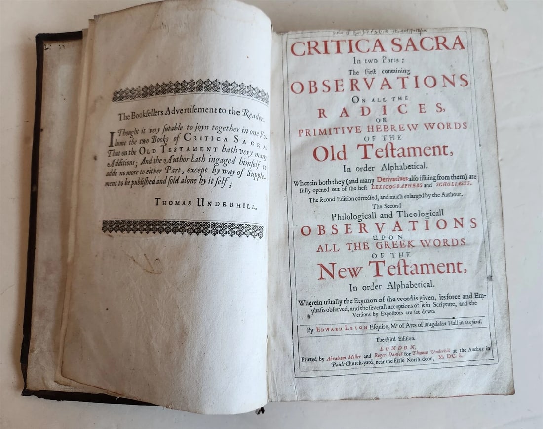1650 CRITICA SACRA in ENGLISH antique 17th century LONDON: Title: 1650 CRITICA SACRA in ENGLISH antique 17th century LONDON Description: Critica sacra in two parts... Third edition. London, Miller et al., 1650 Size 7 1/2 by 11 1/4' 6 leaves, 272 pages, 12 lea