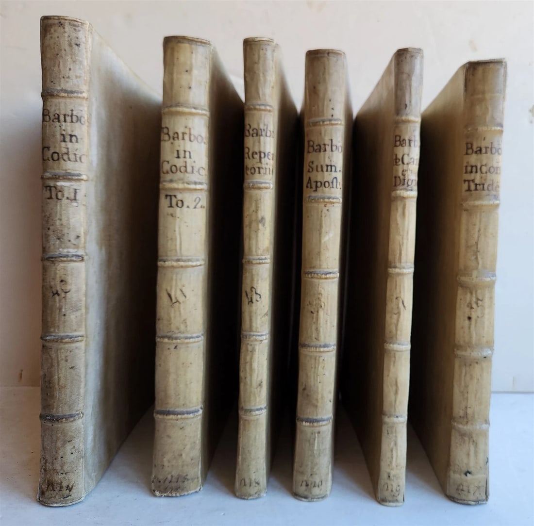 1701-1715 CANON LAW 6 FOLIO VOLUMES by AUGUSTINI BARBOSAE antique VELLUM BINDING: Title: 1701-1715 CANON LAW 6 FOLIO VOLUMES by AUGUSTINI BARBOSAE antique VELLUM BINDING Description: AUGUSTINI BARBOSAE J.U.D. LUSITANI Episcopi Ugentini COLLECTANEA IN CODICEM JUSTINIANI 5 parts in 6