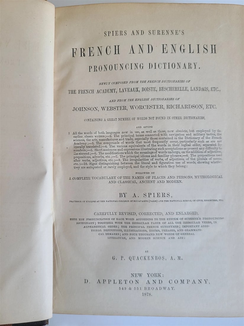 1878 FRENCH & ENGLISH PRONOUNCING DICTIONARY by Spiers antique AMERICAN EDITION - 2