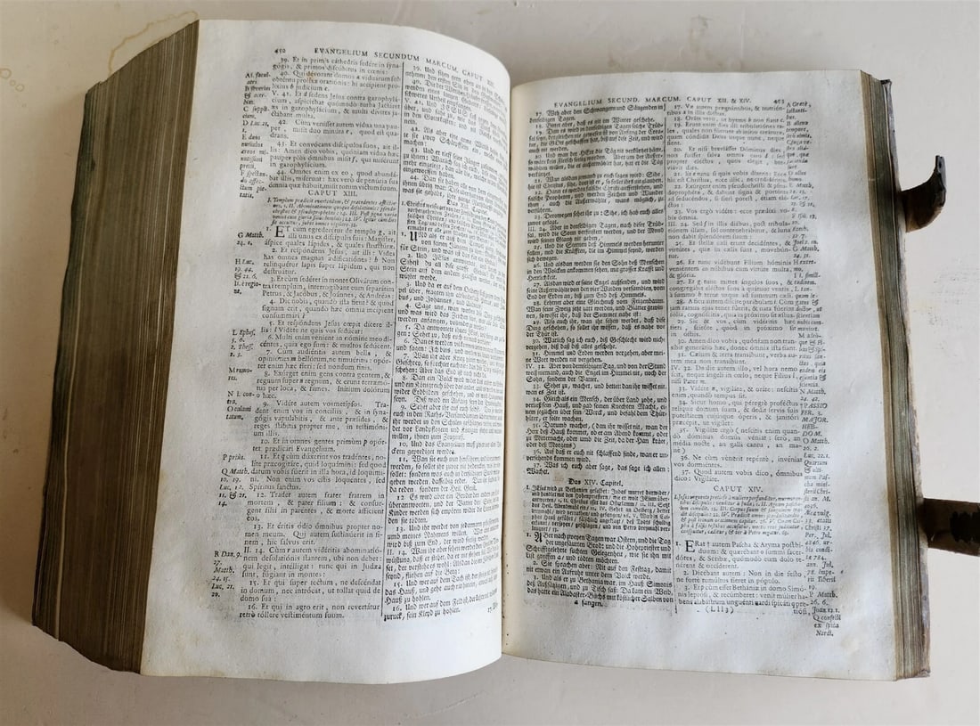 1737 BIBLE in GERMAN & LATIN antique MASSIVE FOLIO PIGSKIN BOUND 10 x 15" - 10