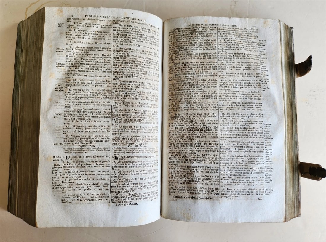 1737 BIBLE in GERMAN & LATIN antique MASSIVE FOLIO PIGSKIN BOUND 10 x 15" - 12