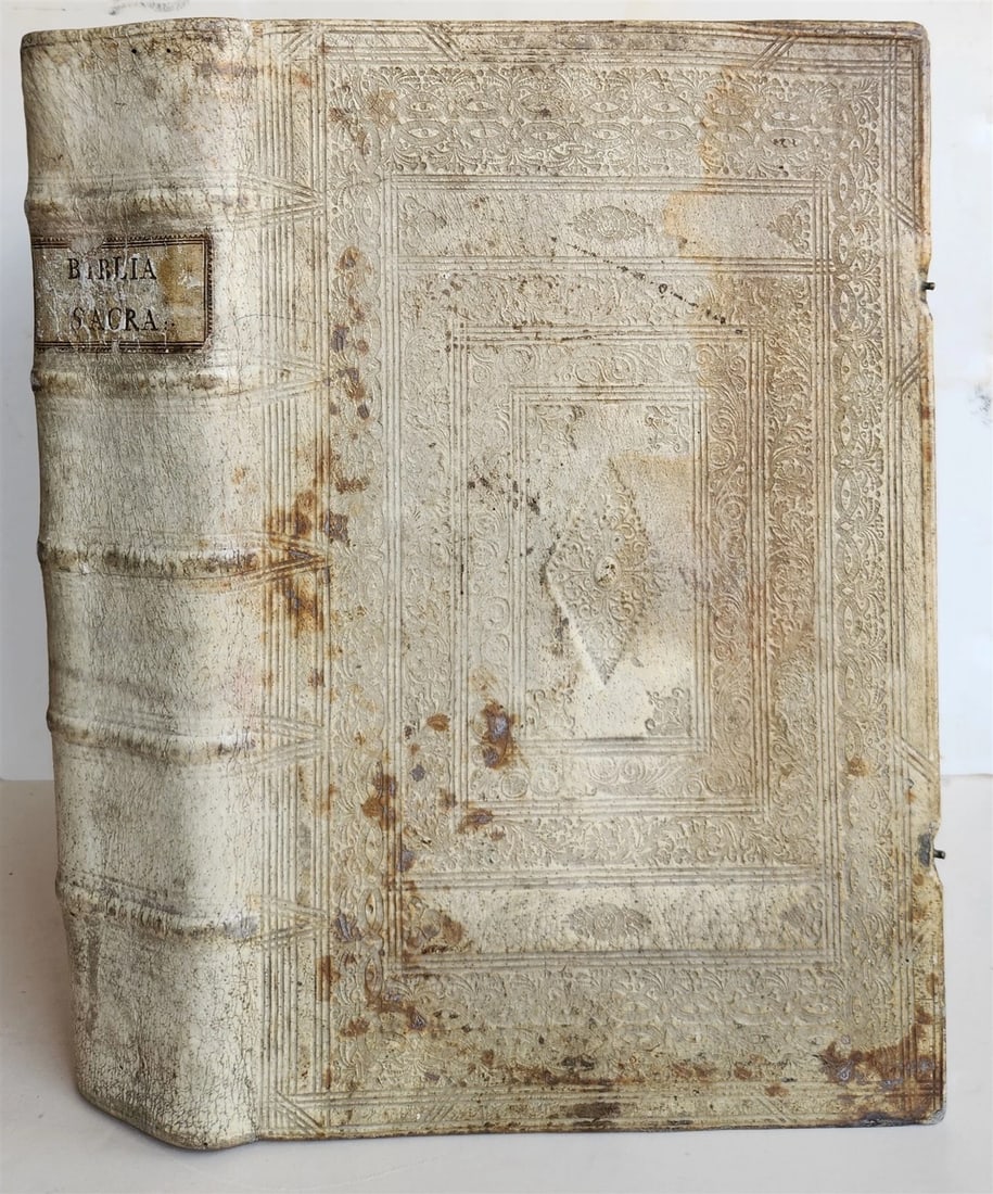 1737 BIBLE in GERMAN & LATIN antique MASSIVE FOLIO PIGSKIN BOUND 10 x 15" (1 of 14)