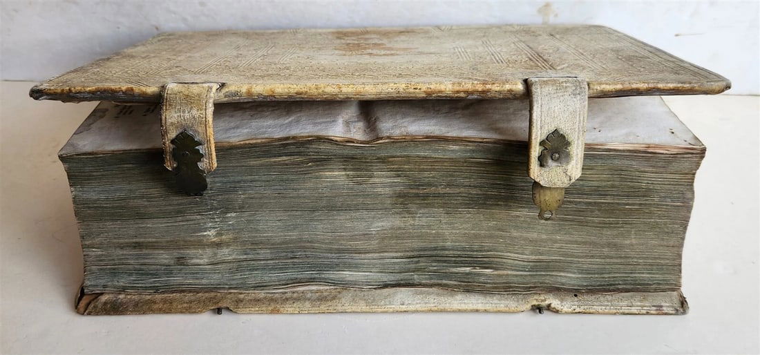 1737 BIBLE in GERMAN & LATIN antique MASSIVE FOLIO PIGSKIN BOUND 10 x 15" - 2