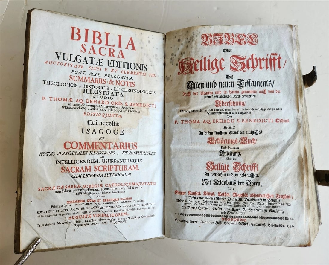 1737 BIBLE in GERMAN & LATIN antique MASSIVE FOLIO PIGSKIN BOUND 10 x 15" - 4