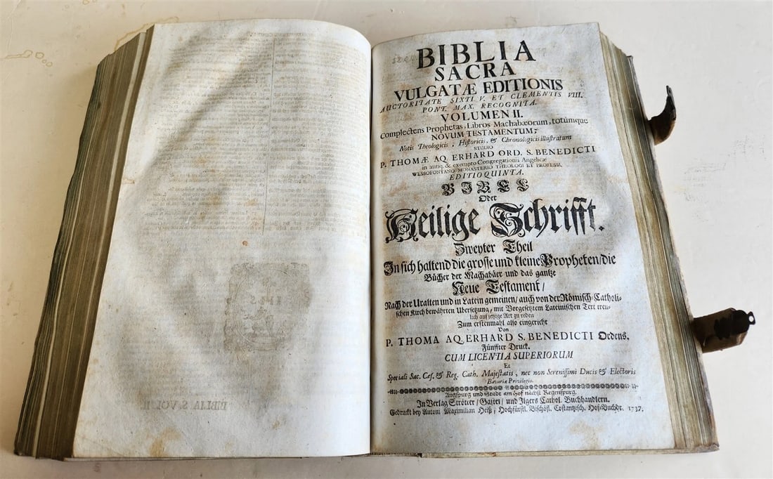 1737 BIBLE in GERMAN & LATIN antique MASSIVE FOLIO PIGSKIN BOUND 10 x 15" - 8
