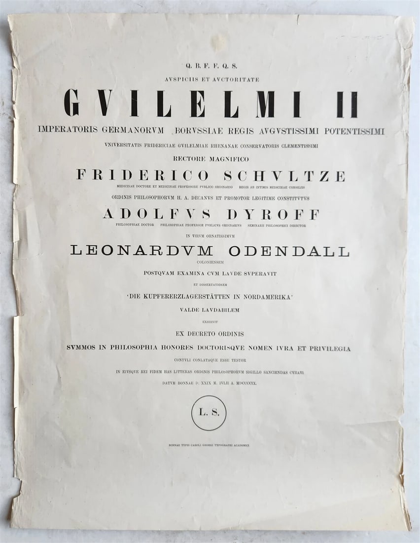 1909 DISSERTATION CERTIFICATE Copper deposits in North America antique 18 by 23" (1 of 2)