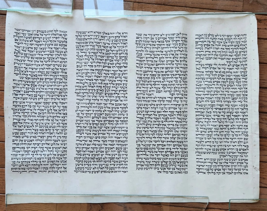 TORAH SCROLL FRAGMENT MANUSCRIPT on VELLUM antique BIBLE GENESIS 15:16-19:14: Title: TORAH SCROLL FRAGMENT MANUSCRIPT on VELLUM antique BIBLE GENESIS 15:16-19:14 Description: Size 17 x 22.5" GENESIS 15:16-19:14 The Lord’s Covenant With Abram 15 After this, the word of the