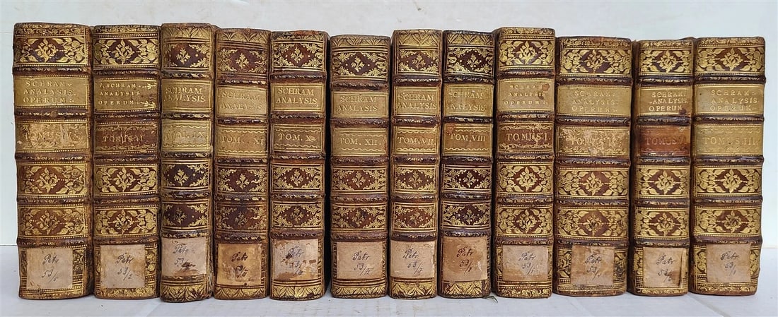 1780-89 THEOLOGY by DOMINICI SCHRAM 12 VOLUMES ILLUSTRATED antique DECORATIVE: Title: 1780-89 THEOLOGY by DOMINICI SCHRAM 12 VOLUMES ILLUSTRATED antique DECORATIVE Description: P. DOMINICI SCHRAM Analysis Operum SS Patrum, et Scriptorum Ecclesiasticorum. 12 volumes Augsburg, Rie