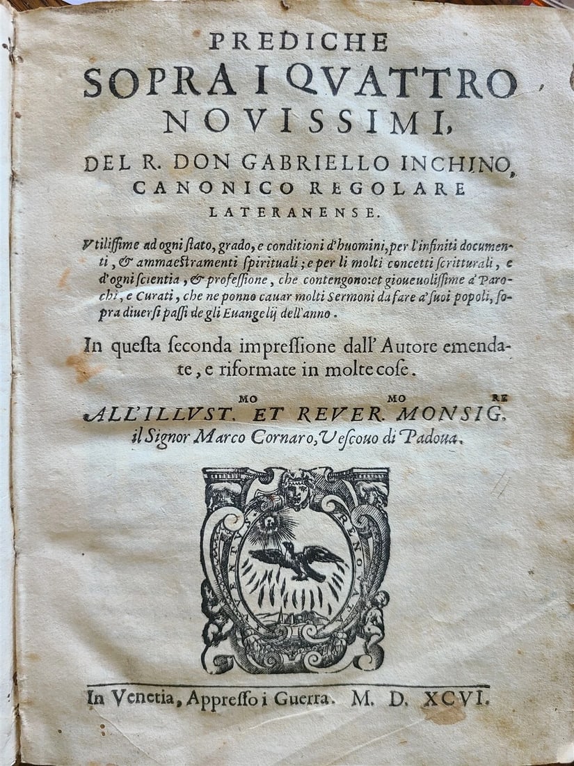 1596 PREDICHE SOPRA I QUATTRO NOVISSIMI antique 16th CENTURY VELLUM BINDING 16 c - 2
