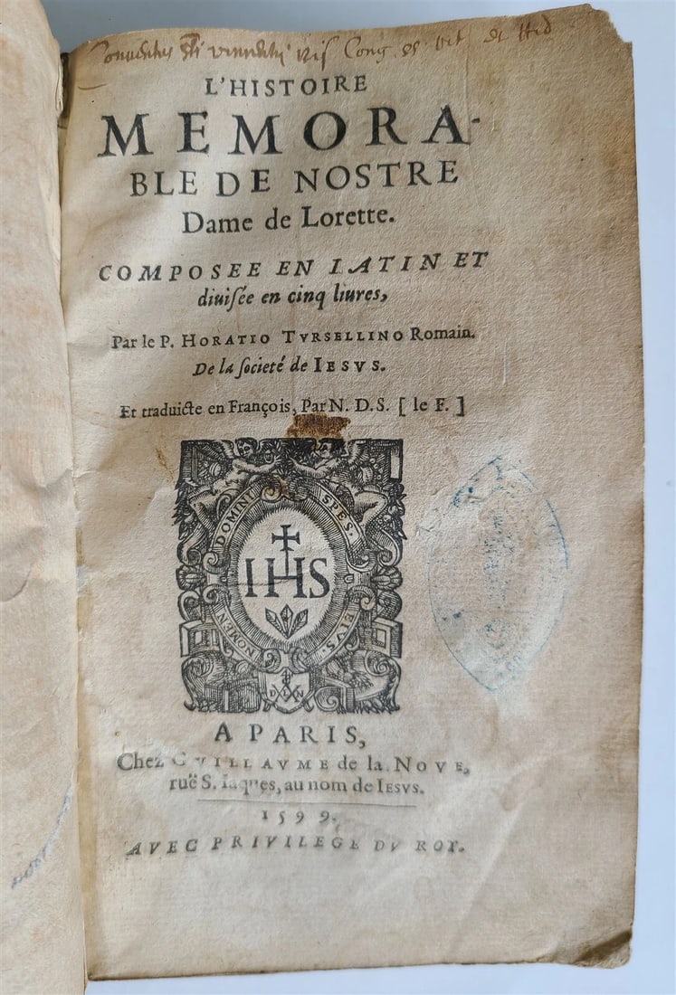 1599 L'HISTOIRE MEMORABLE DE NOSTRE DAME DE LORETTE antique VELLUM in French: Title: 1599 L'HISTOIRE MEMORABLE DE NOSTRE DAME DE LORETTE antique VELLUM in French Description: L'HISTOIRE MEMORABLE DE NOSTRE DAME DE LORETTE , composee en latin et divisée en cinq livres. Par