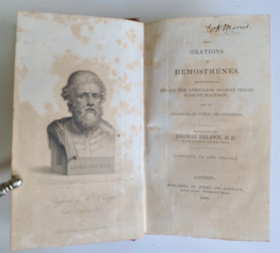 1828 ORATIONS of DEMOSTHENES by Thomas Leland antique in ENGLISH: Title: 1828 ORATIONS of DEMOSTHENES by Thomas Leland antique in ENGLISH Description: THE ORATIONS of DEMOSTHENES translated by Thomas Leland London; 1828 Size 4 1/2 by 7 3/4" Original cloth 188 pages