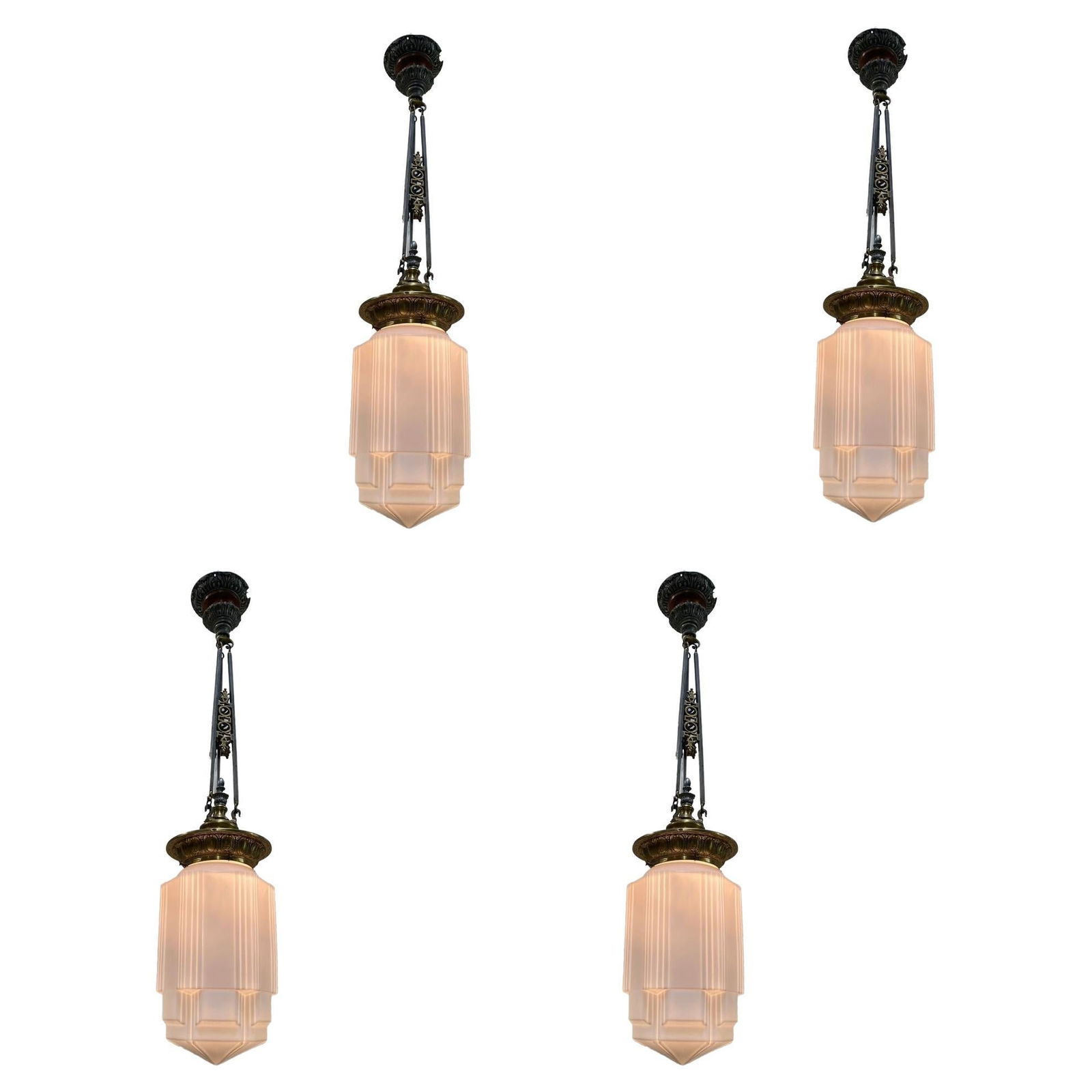 Empire Style Bronze Electric Ceiling Pendant with Stepped Glass Globe: Set of 4 rare Empire Deco style ceiling pendants with stepped milk glass geometric school house style glass globe with a geometric Art Deco design. Reserve: $4,920.00br> Shipping: Domestic: Shipping r