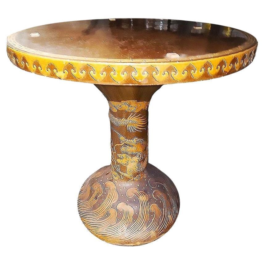 Post-war Chinese Dragon Glazed Art Pottery Pedestal Garden Patio Dining Table - 7