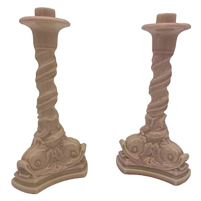 Rare Rockwood Pottery Candlestick holders Light Pink Dolphin 1919 - 7