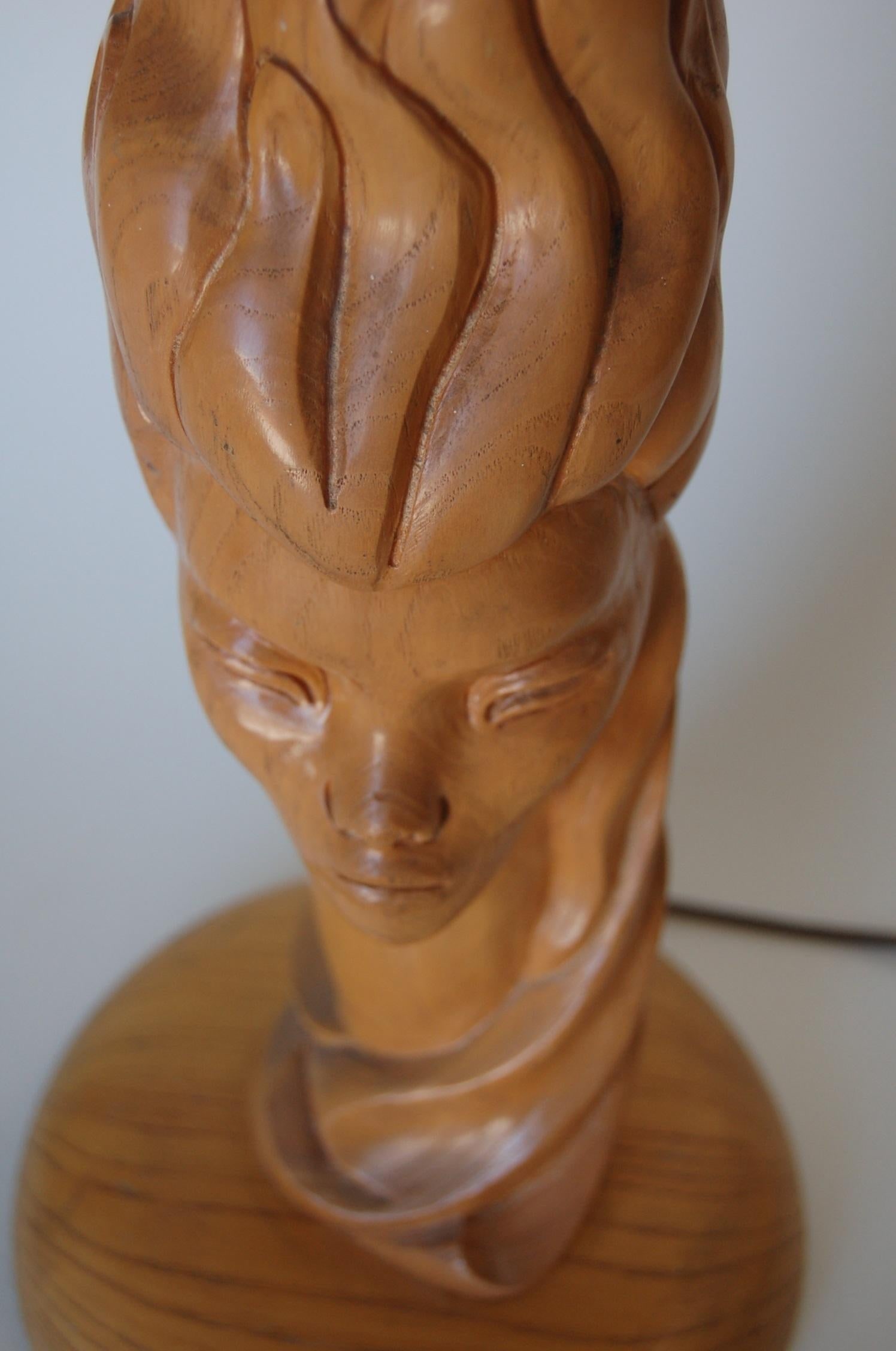 Midcentury Carved Oak Modernist Female Bust Table Lamp - 10