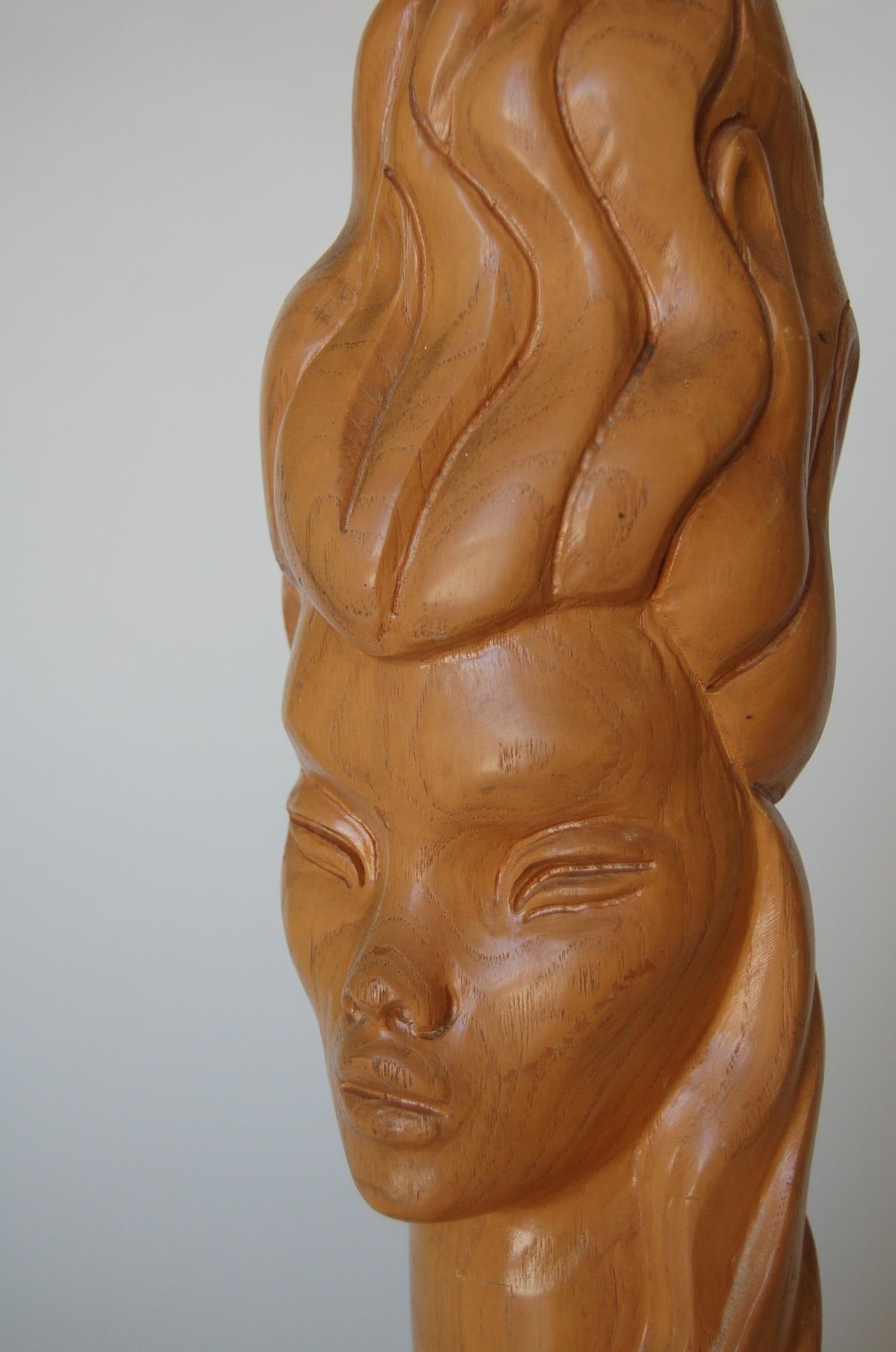 Midcentury Carved Oak Modernist Female Bust Table Lamp - 13