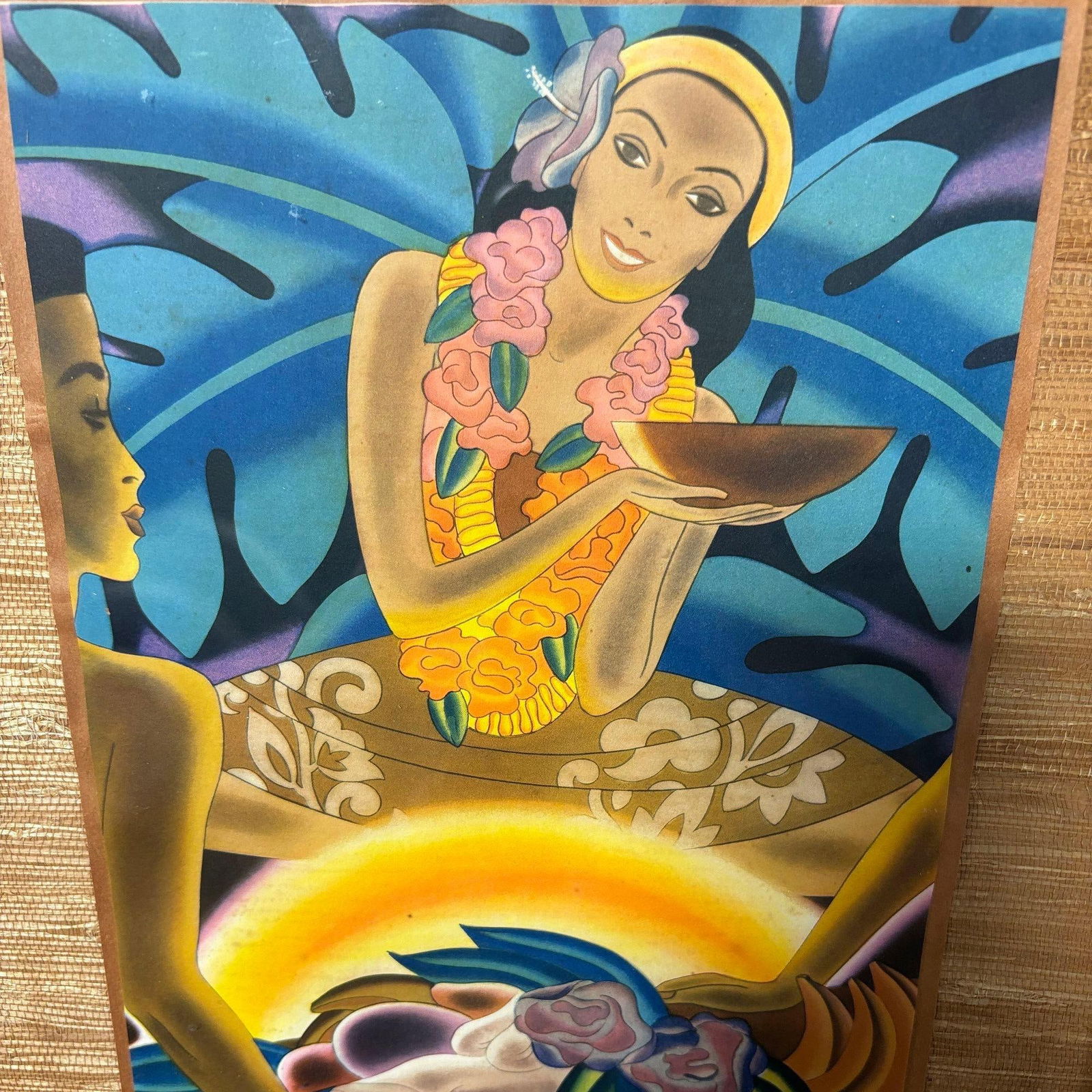 Vintage Matson Lines Hawaiin Cruise Ship Menu Covers in Bamboo Frame - Pair - 11