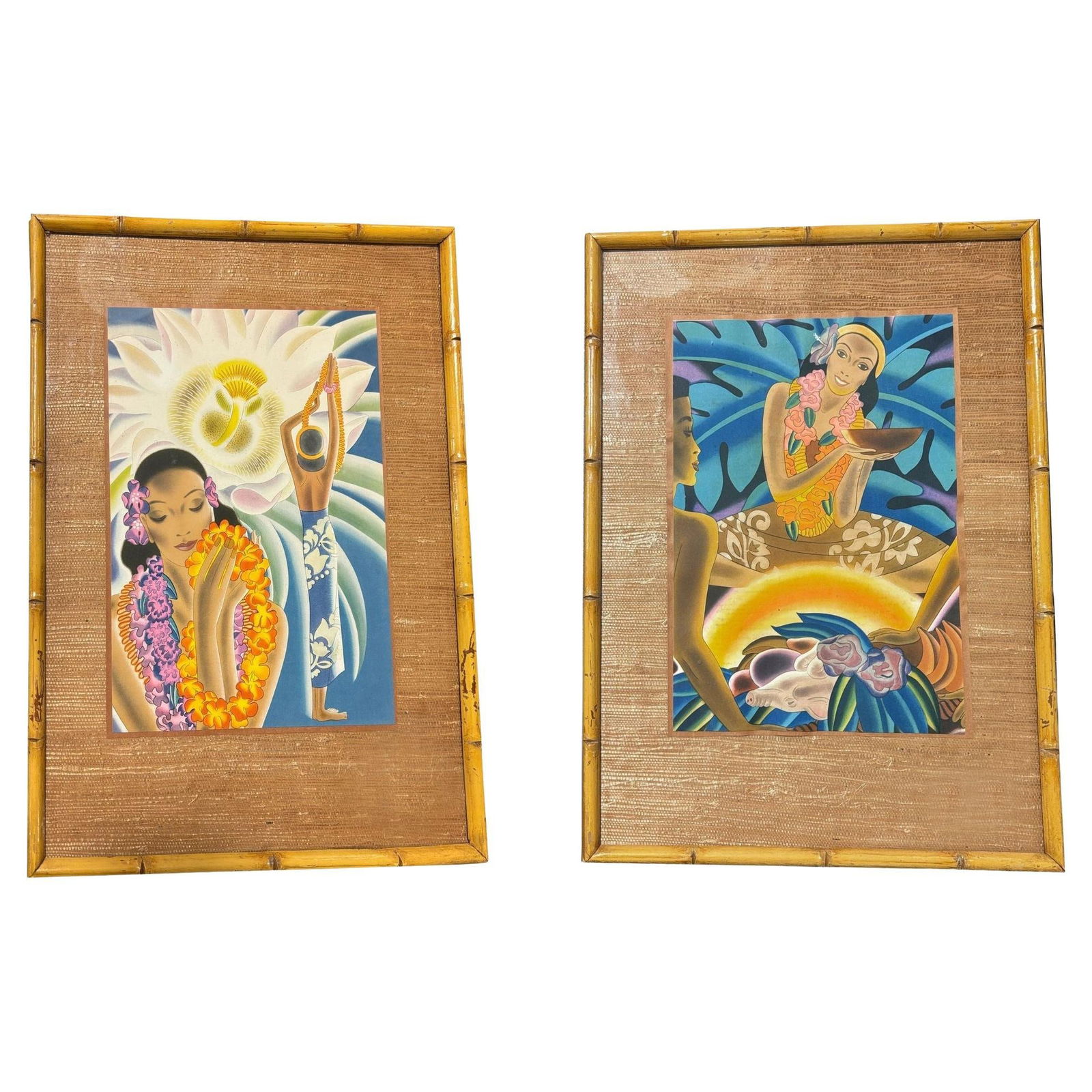 Vintage Matson Lines Hawaiin Cruise Ship Menu Covers in Bamboo Frame - Pair - 7
