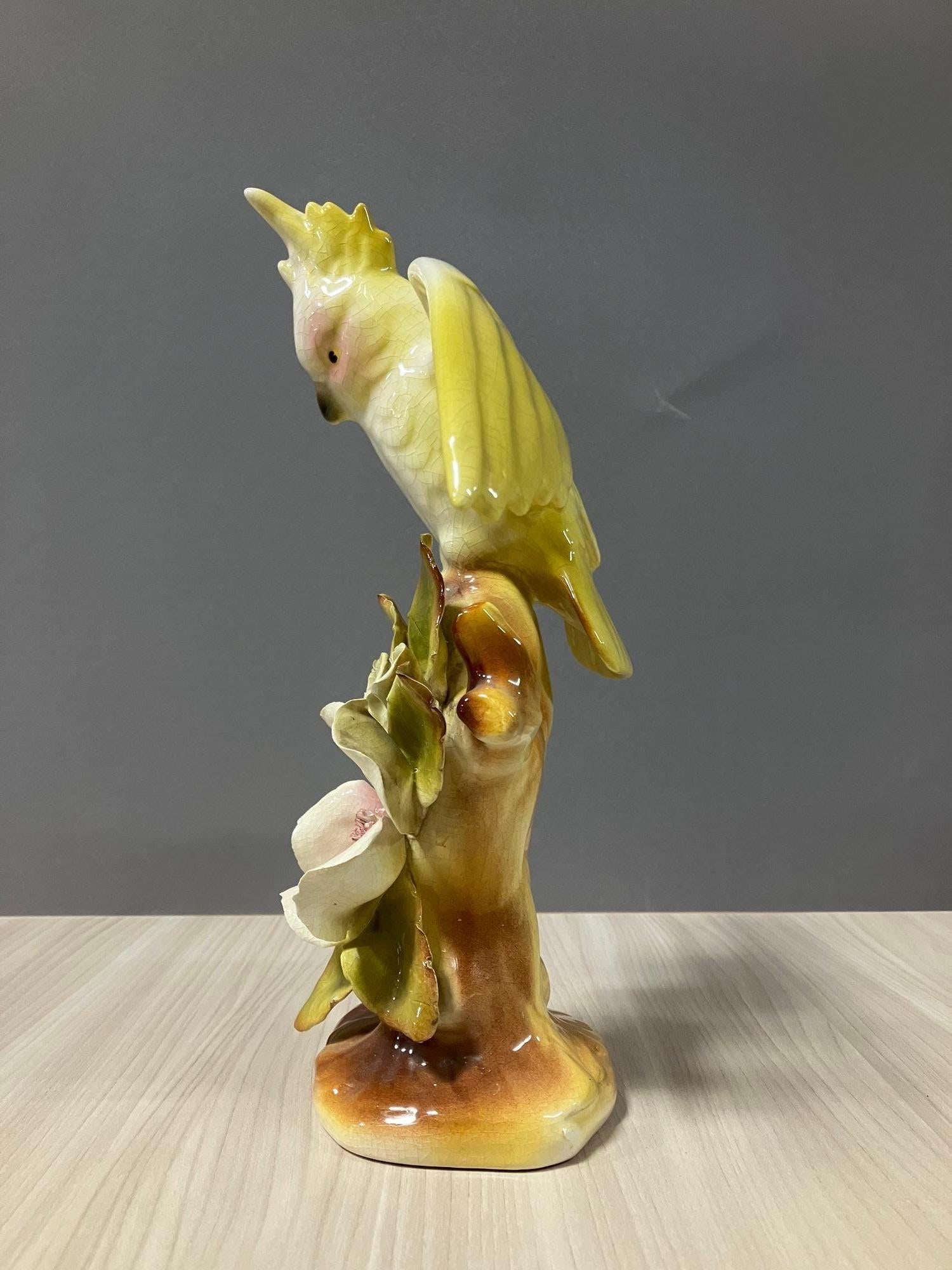 California Pottery Ceramic Tropical Cockatoo on Hibiscus Branch Statue - 13