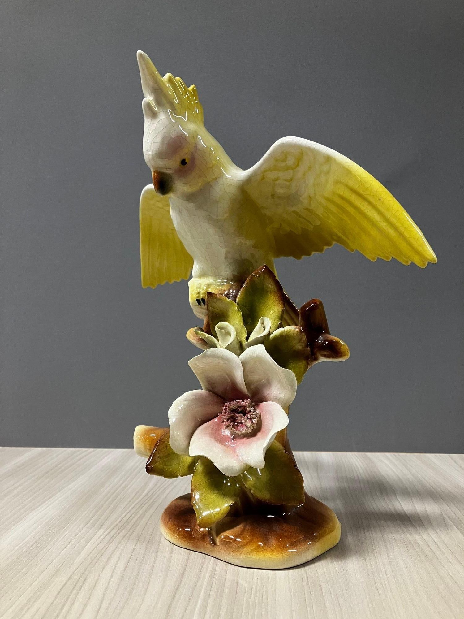 California Pottery Ceramic Tropical Cockatoo on Hibiscus Branch Statue - 14
