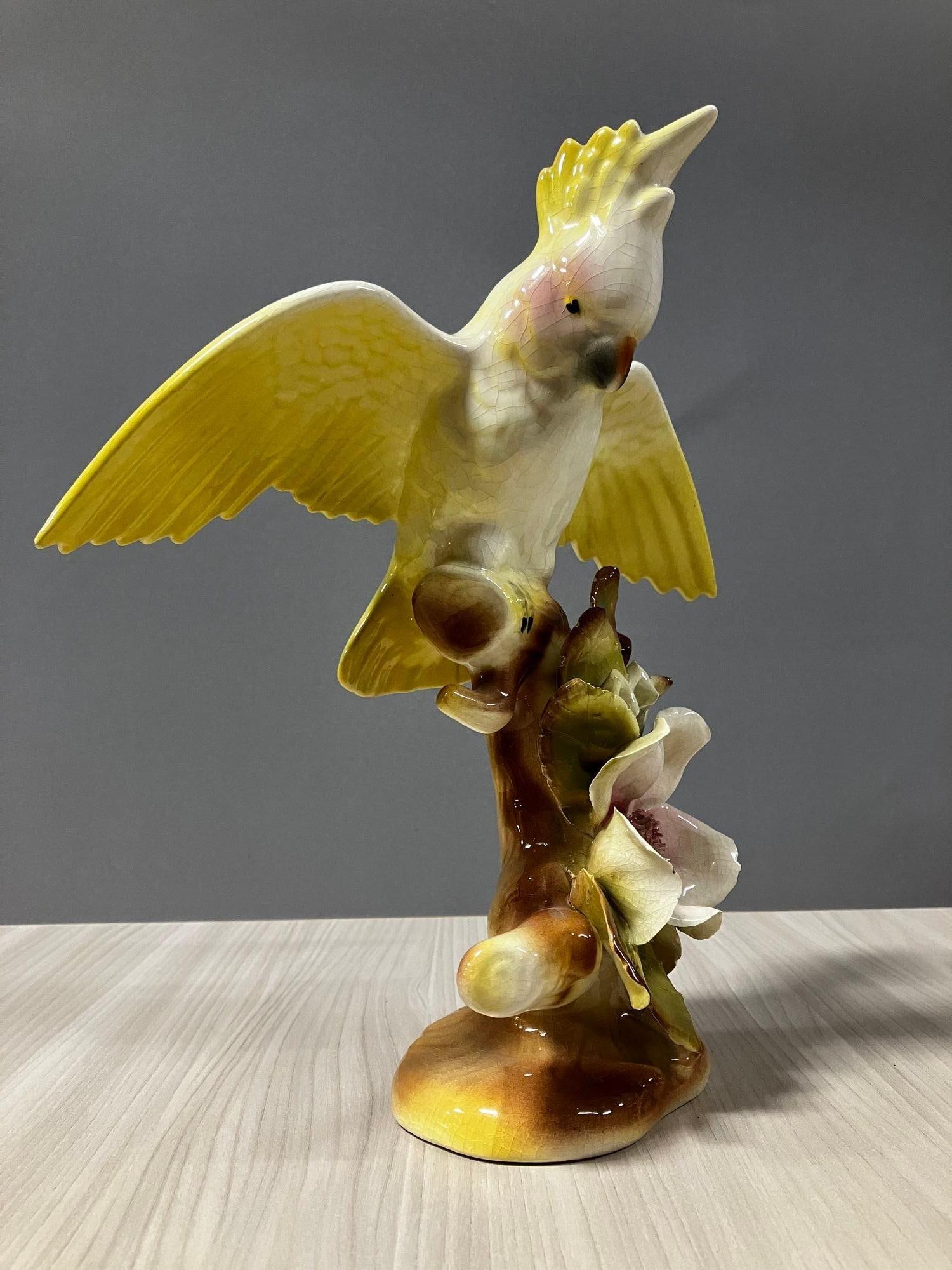 California Pottery Ceramic Tropical Cockatoo on Hibiscus Branch Statue - 9