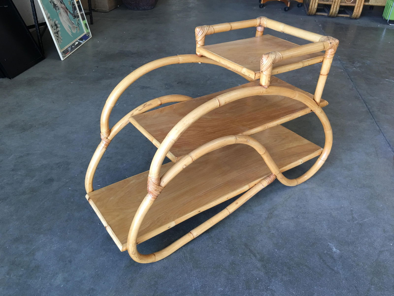 Restored Rattan "Double S" Side Table with Three-Tier Mahogany Tops - 2