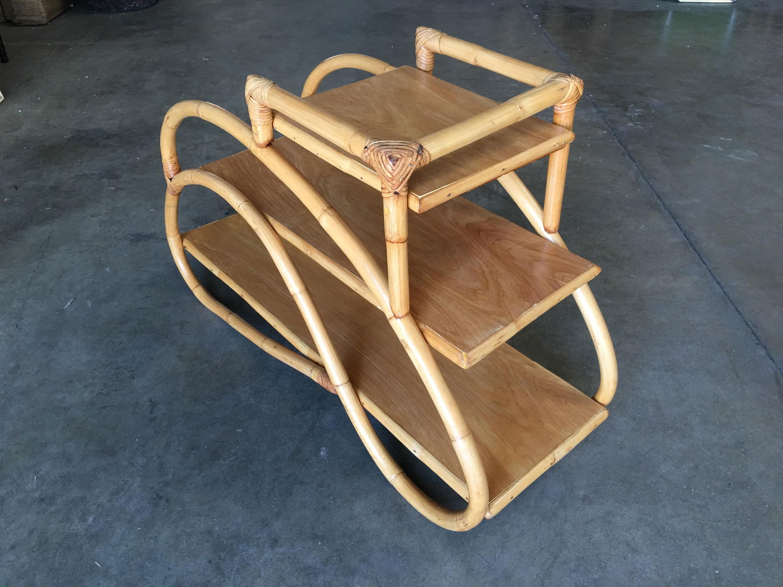 Restored Rattan "Double S" Side Table with Three-Tier Mahogany Tops - 3