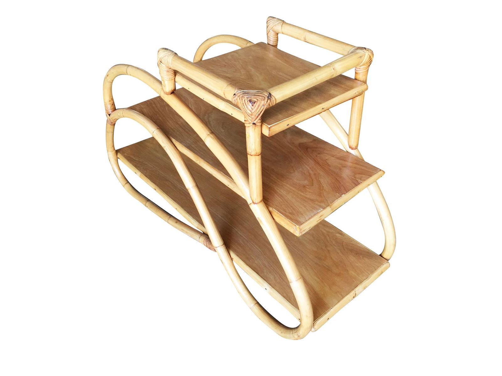 Restored Rattan "Double S" Side Table with Three-Tier Mahogany Tops - 9