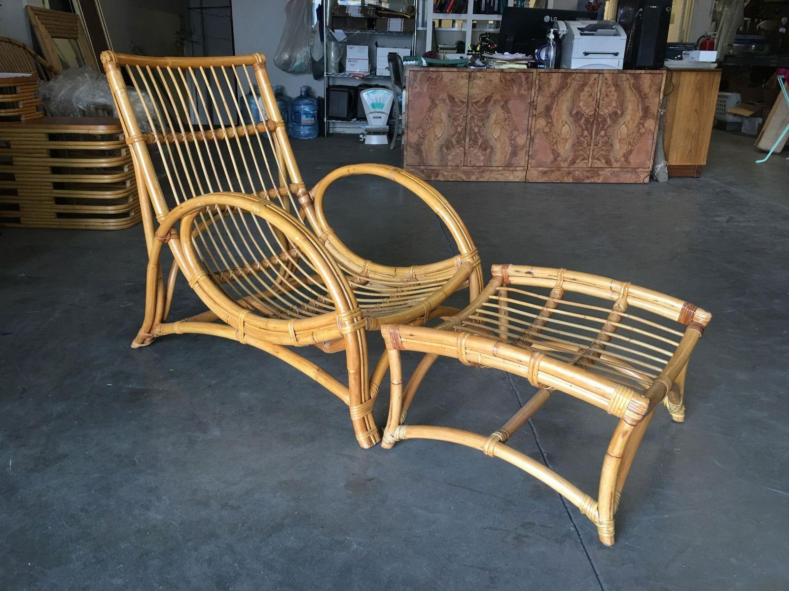 Restored Two-Strand Slope Seat Rattan Chaise Lounge With Ottoman - 9