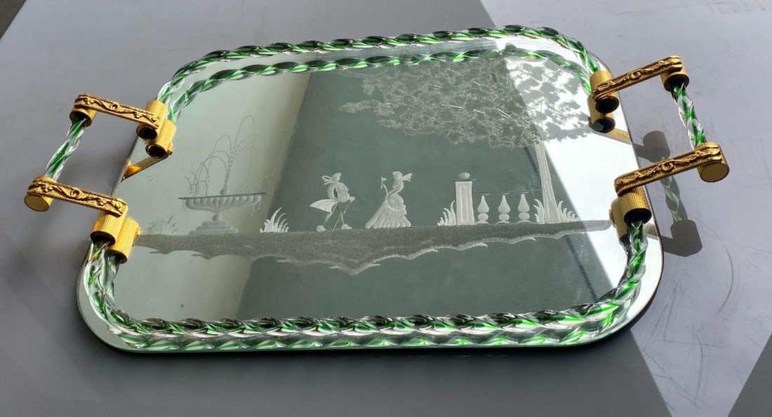 Itailan Murano Barovier Style Vanity Tray with Etched Mirror Twisted Glass Rope - 8
