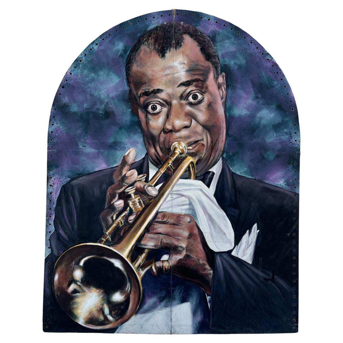 10' Foot Tall Oil on Canvas Portrait of Louis Armstrong Folding Screen: Large 10-foot tall artwork portrait of Louis Armstrong oil painted on a canvas fixed to a wood folding screen featuring a multicolored modernist background. The Back of the frame is signed by Kenmark.