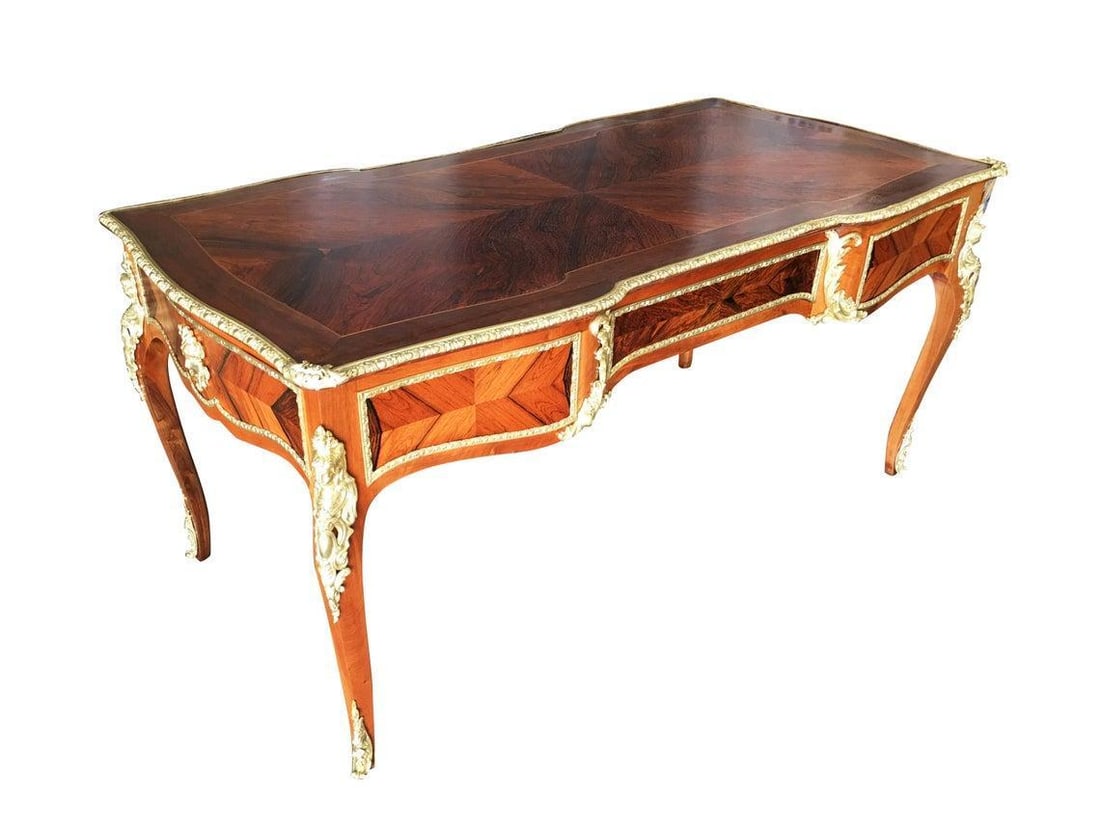 Louis XV Rococo Mahogany, Satinwood and Bureau Plat Executive Writing Desk - 10