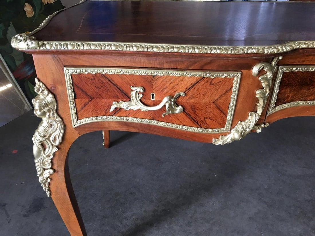 Louis XV Rococo Mahogany, Satinwood and Bureau Plat Executive Writing Desk - 5
