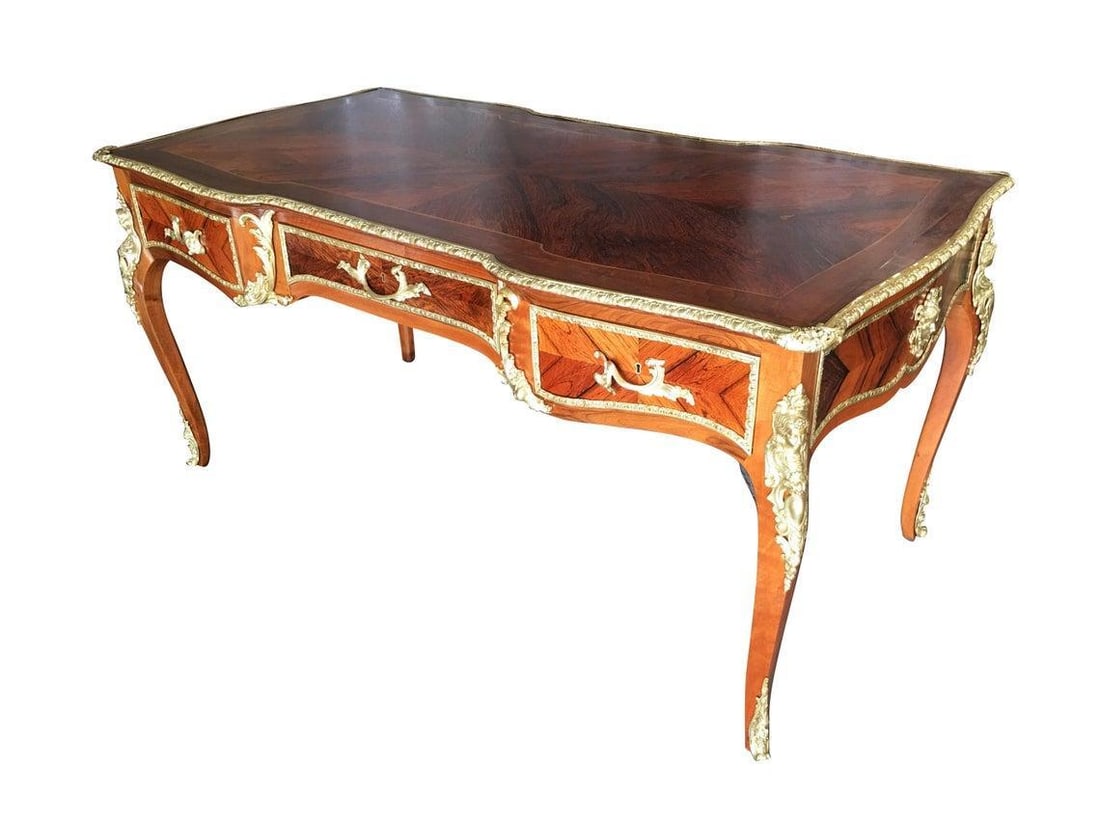 Louis XV Rococo Mahogany, Satinwood and Bureau Plat Executive Writing Desk - 9