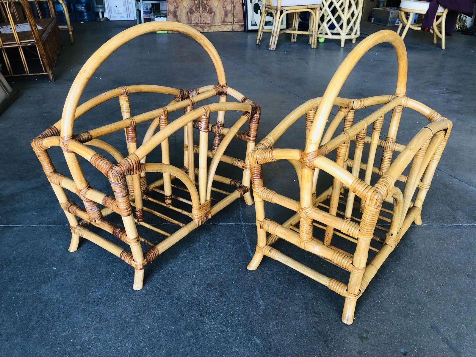 Restored Palm Rattan Magazine Rack W/ Handle, Pair - 12