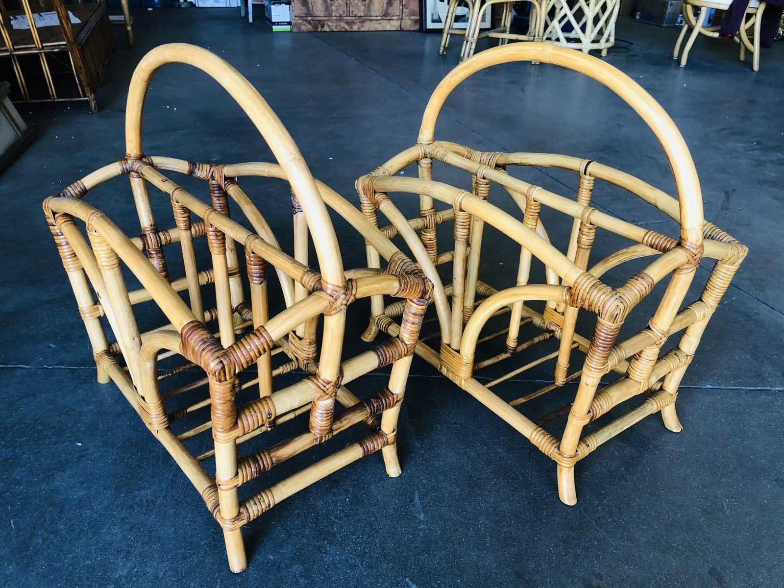 Restored Palm Rattan Magazine Rack W/ Handle, Pair - 15
