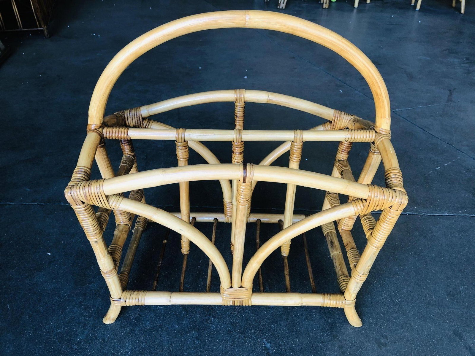 Restored Palm Rattan Magazine Rack W/ Handle, Pair - 18