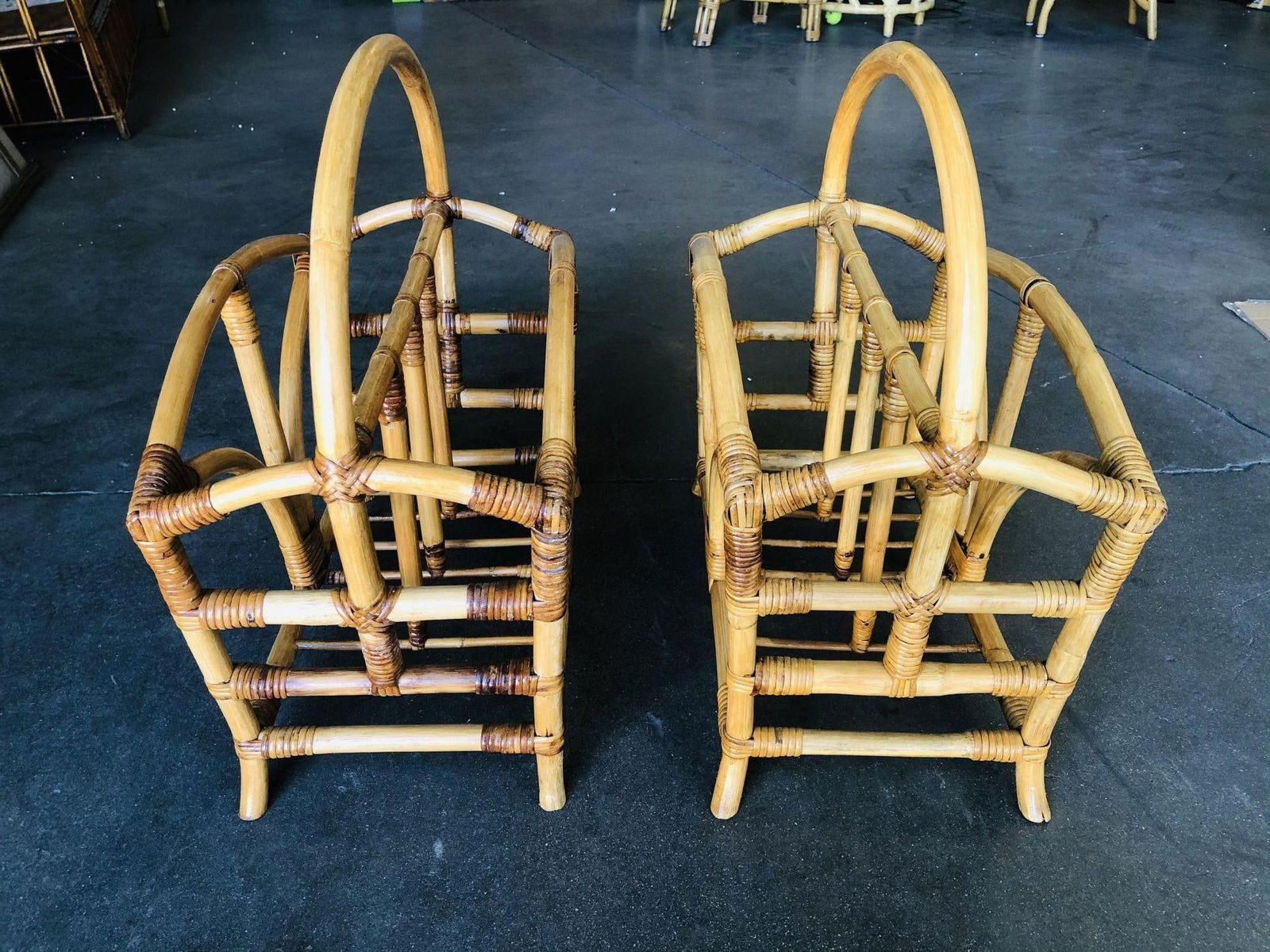Restored Palm Rattan Magazine Rack W/ Handle, Pair - 2