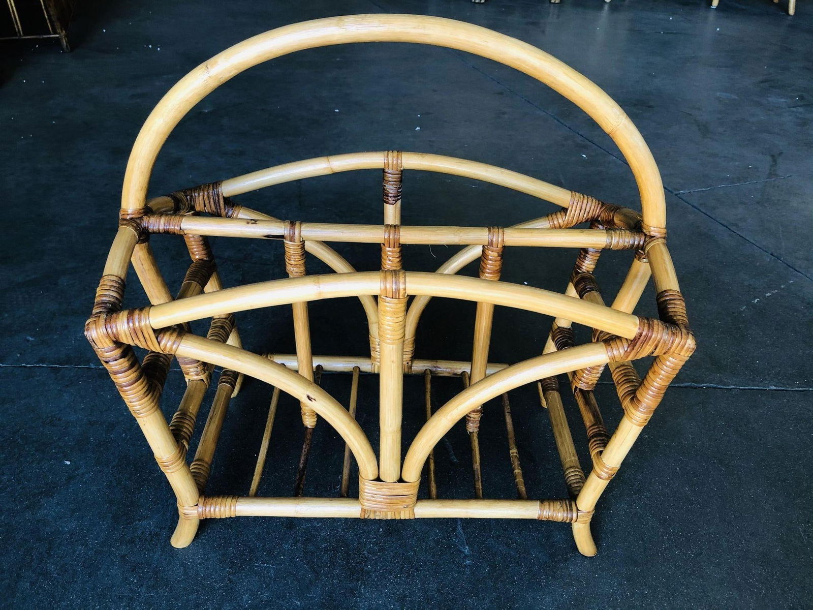Restored Palm Rattan Magazine Rack W/ Handle, Pair - 3