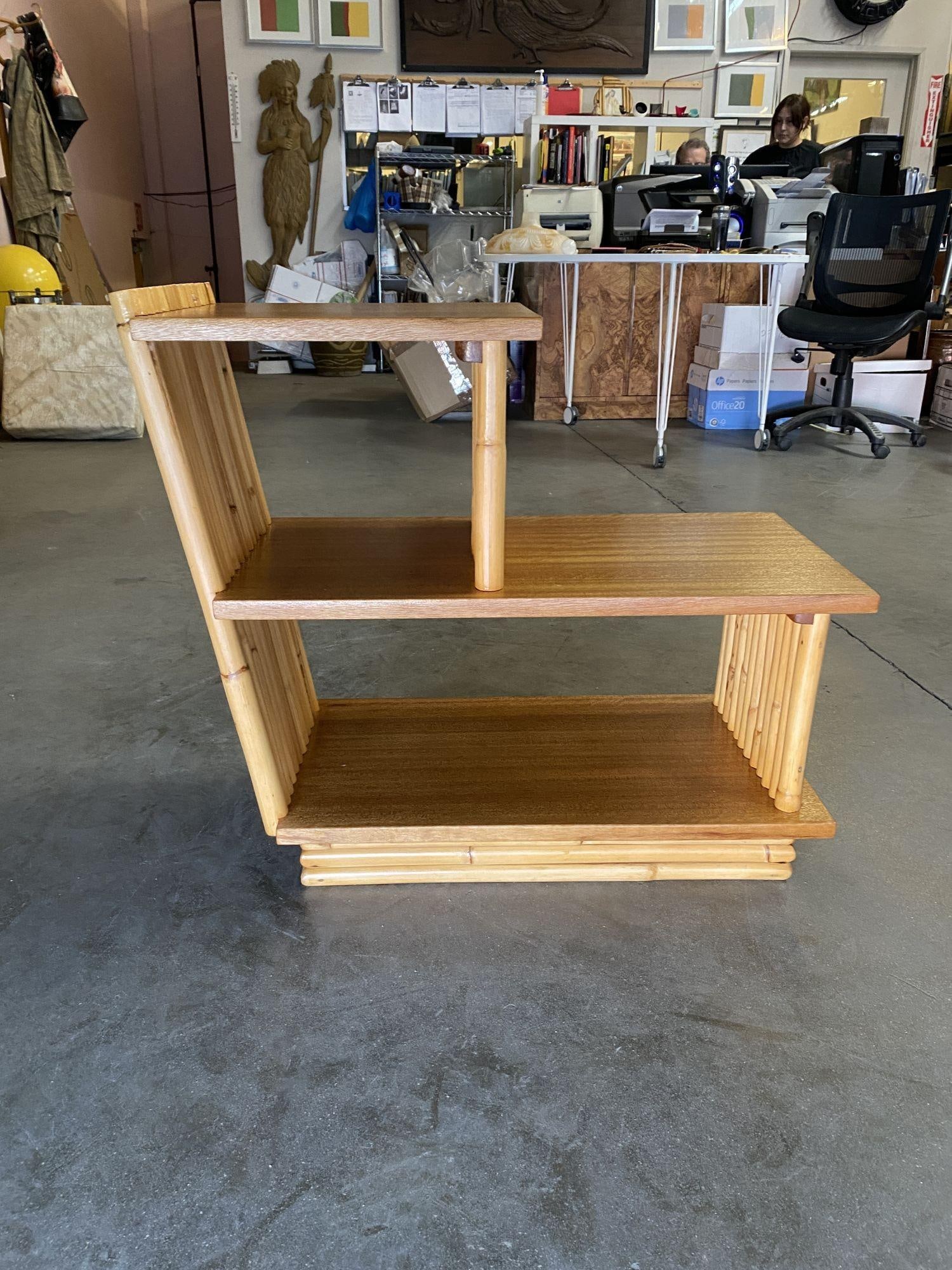 Restored Mid-Century Vertically Stacked Geometric Rattan Side Table, Mahogany - 10